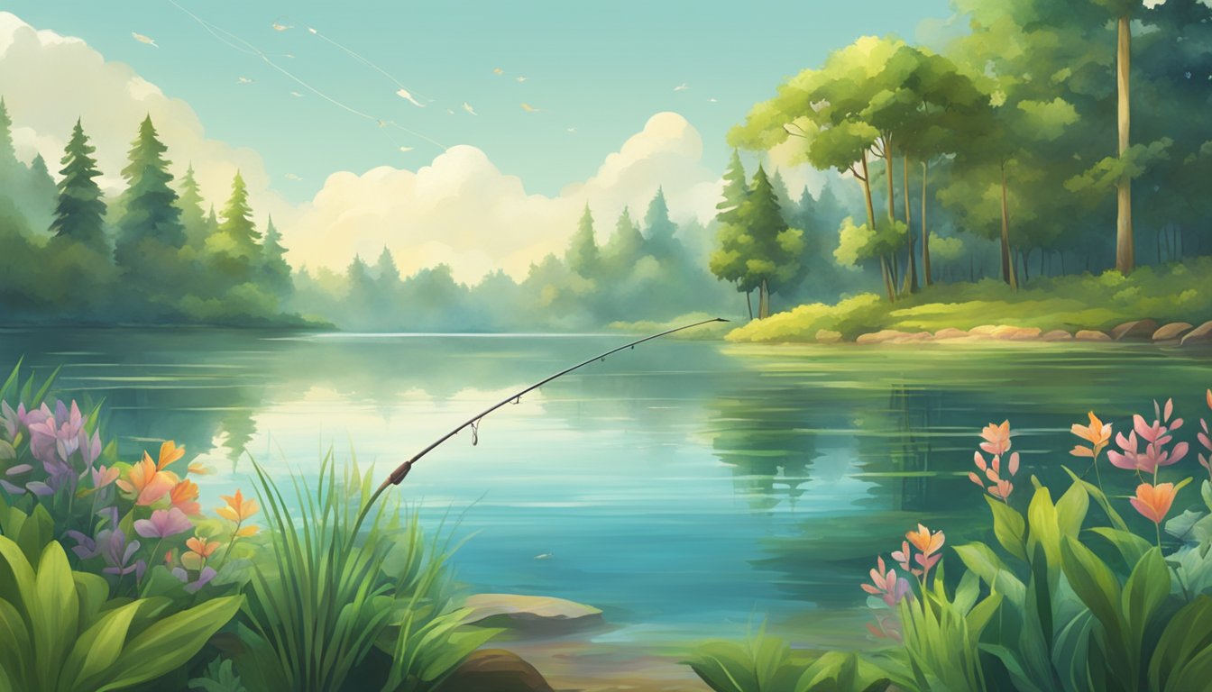 A serene lake surrounded by lush greenery, with a fishing rod and a variety of fish swimming in the clear water