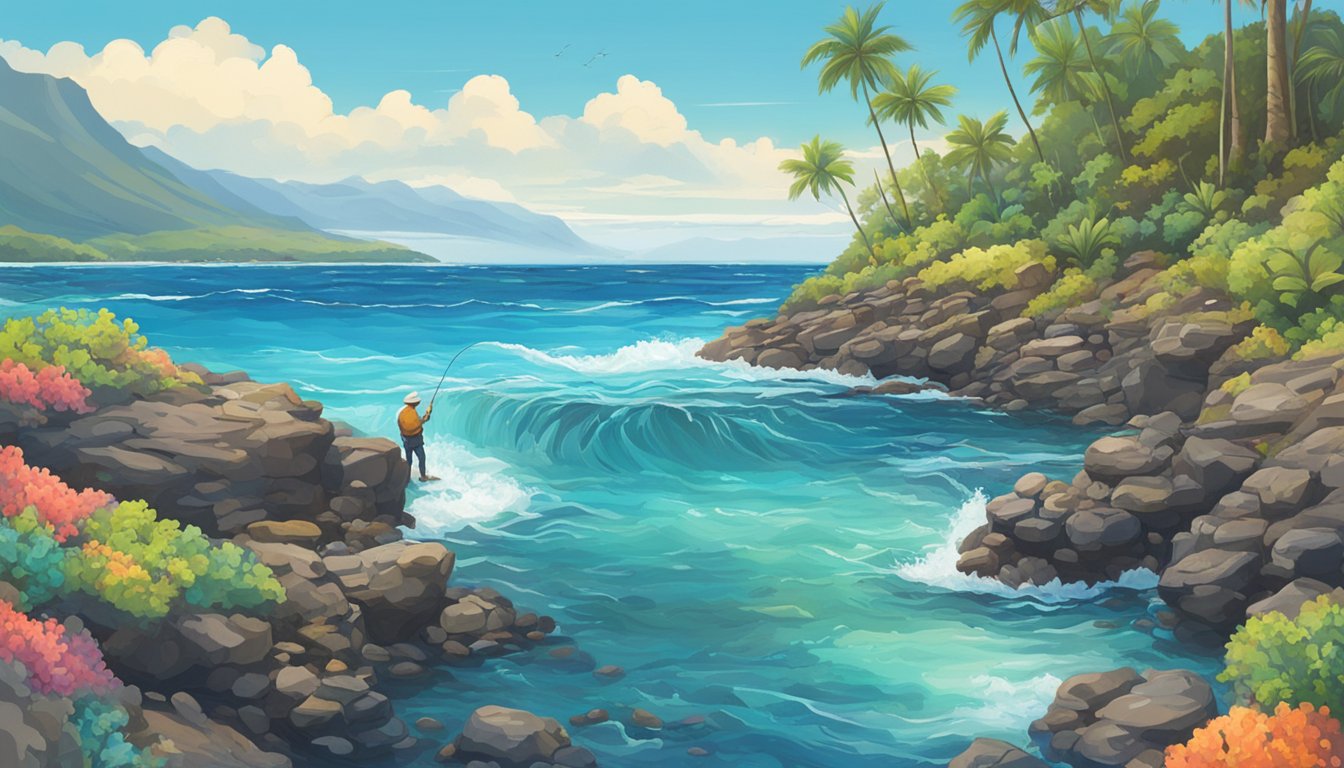 A person fishing from a rocky shore in Hawaii, with clear blue water and a vibrant coral reef in the background