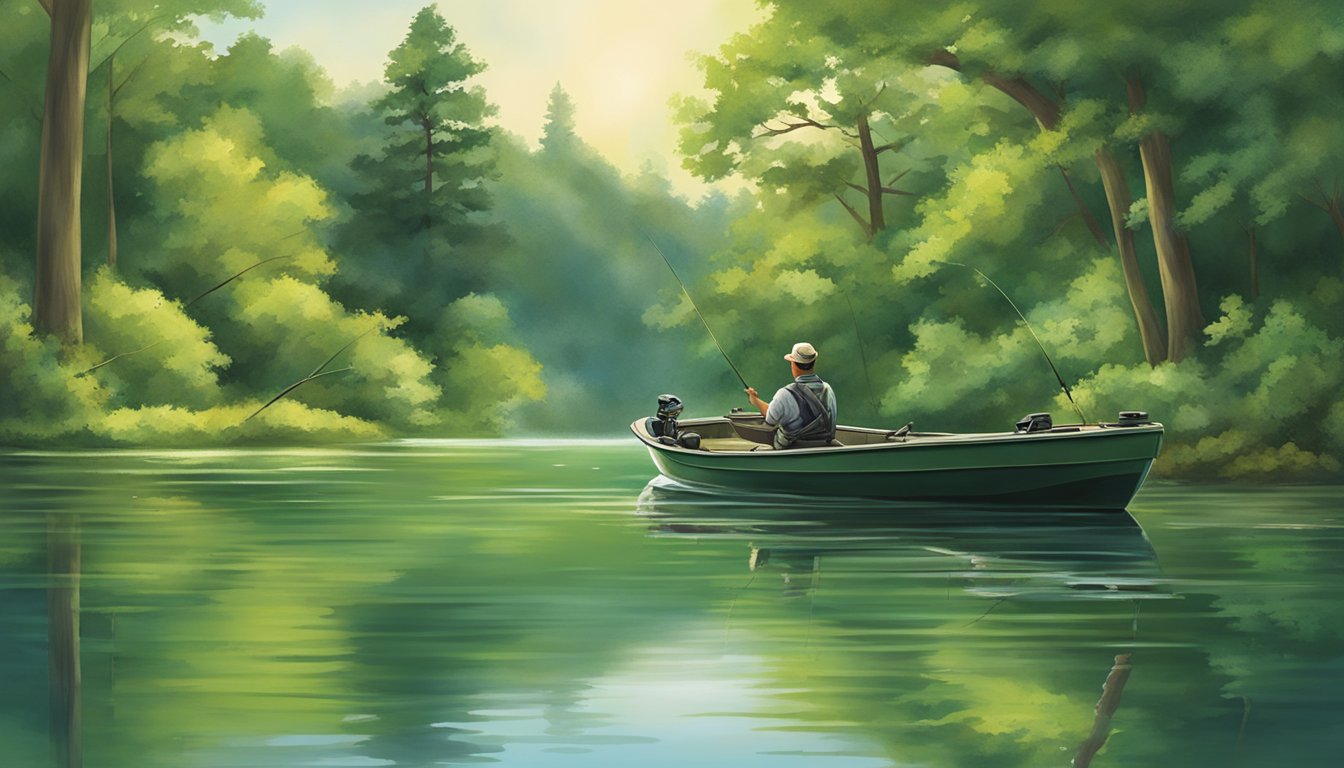 A serene lake surrounded by lush green trees, with a fisherman responsibly catching a large-mouth bass in Arkansas