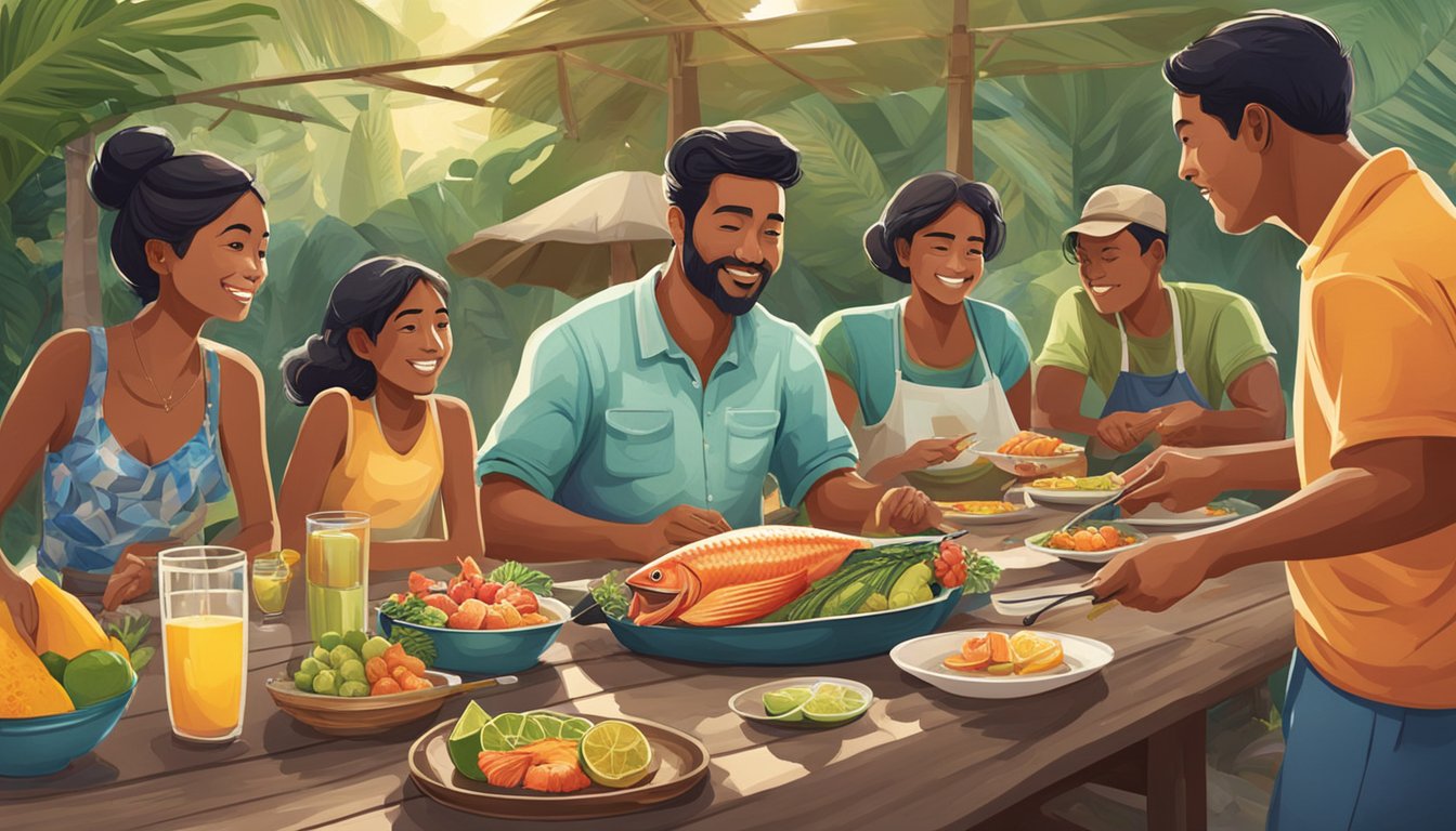 A fisherman cleans and grills a freshly caught Hawaiian fish, while a family gathers around a table, enjoying the meal with tropical fruits and drinks