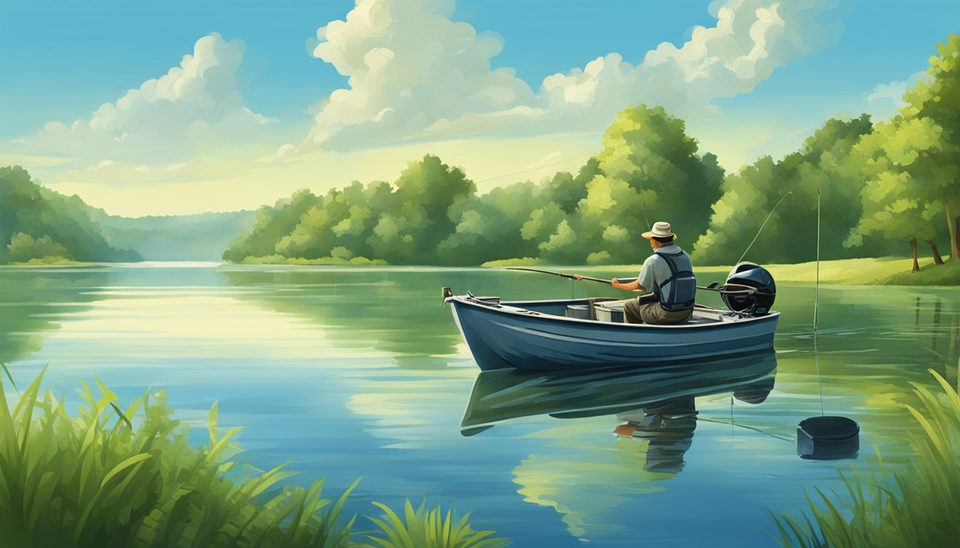 A serene lake with a fishing boat, surrounded by lush green trees and a clear blue sky. A fisherman reels in a large bass, a popular game fish in Connecticut