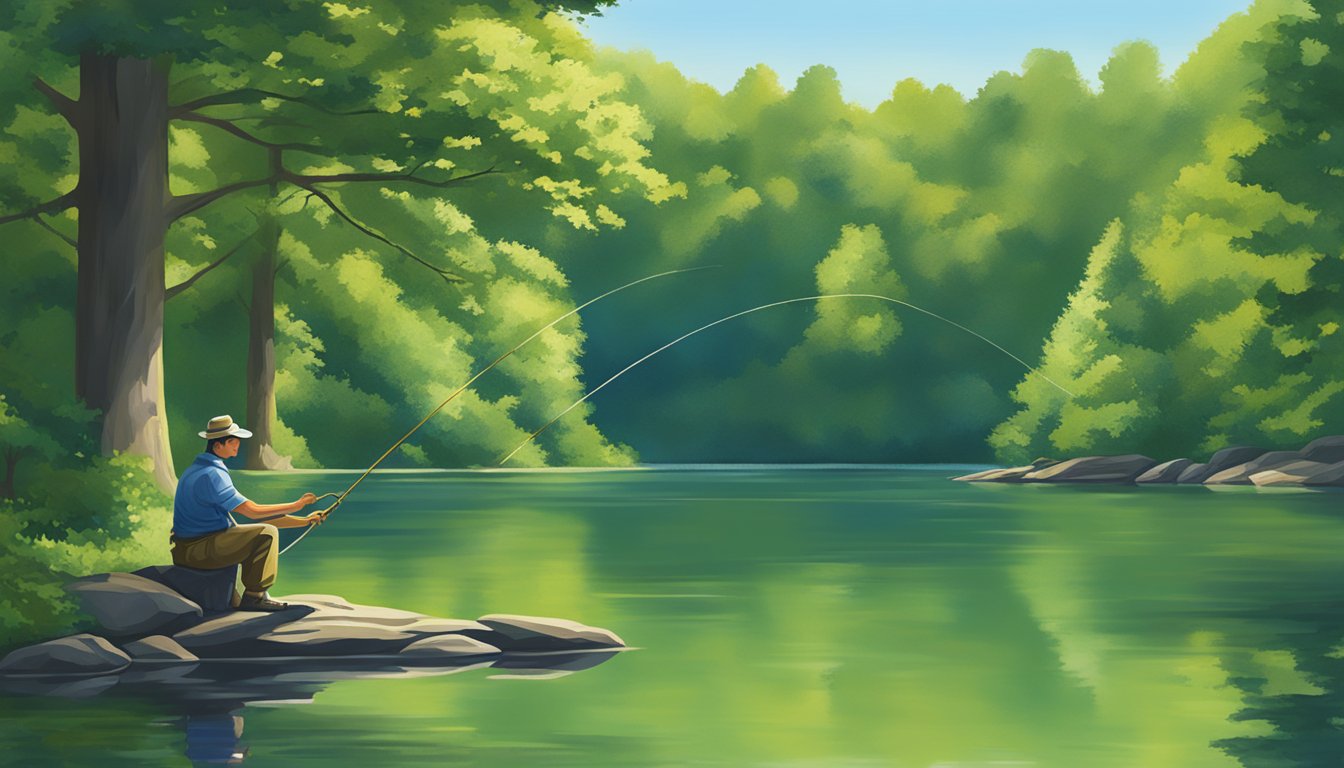 A serene lake with a fisherman casting a line, surrounded by lush green trees and a clear blue sky in Connecticut