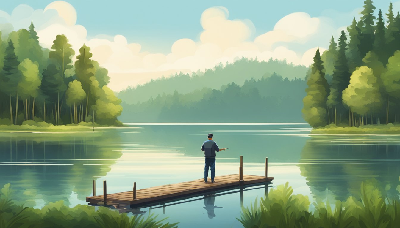 A serene lake surrounded by lush green trees, with a small wooden dock extending into the water. A fisherman stands at the end of the dock, casting his line into the calm water