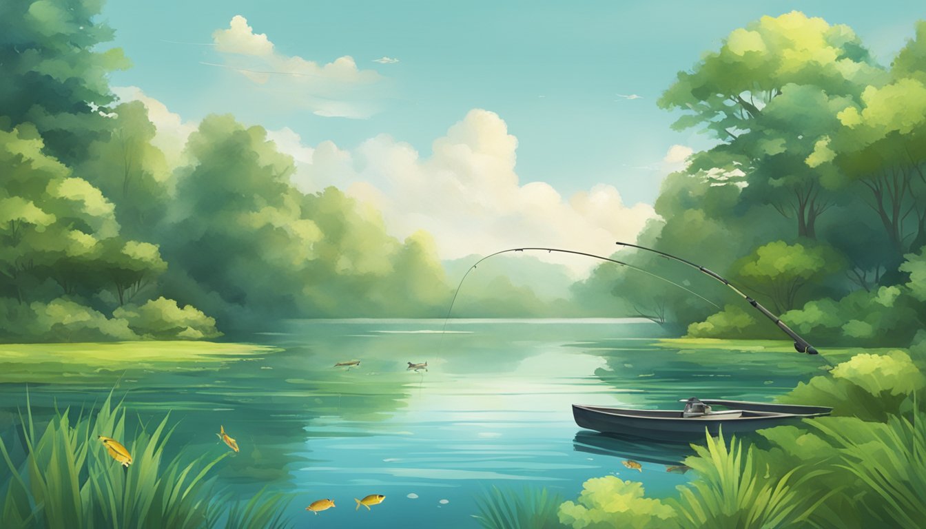 A serene lake with a lush green shoreline, a fishing pole cast into the water, and a variety of fish swimming beneath the surface