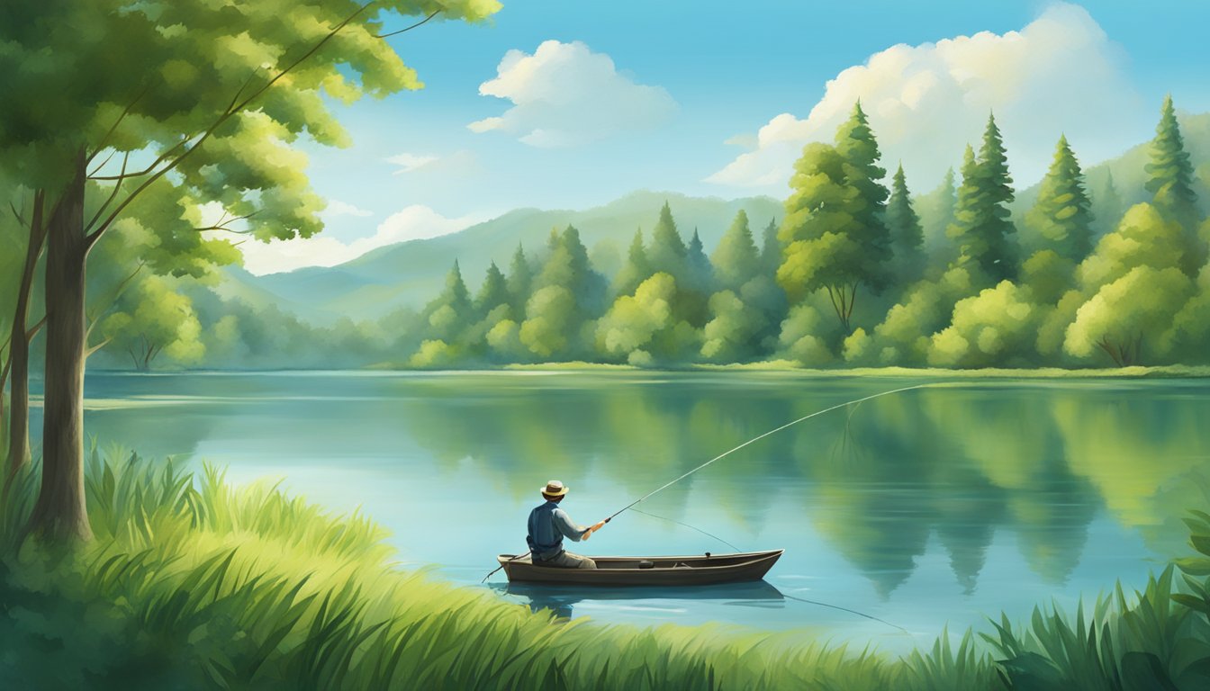 A serene lake with a fisherman casting a line, surrounded by lush green trees and a clear blue sky