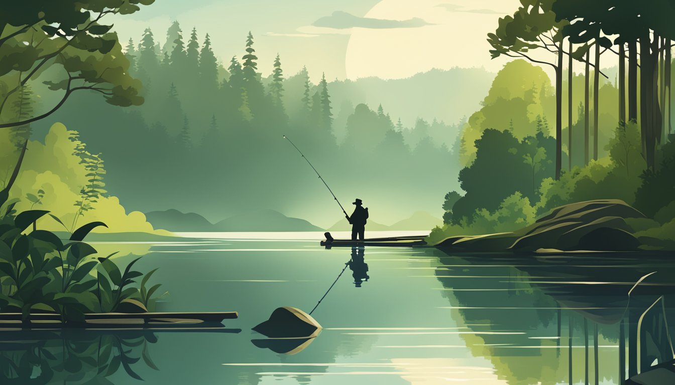 A serene lake scene with a fishing rod and various tackle, surrounded by lush greenery and the silhouette of a distant forest