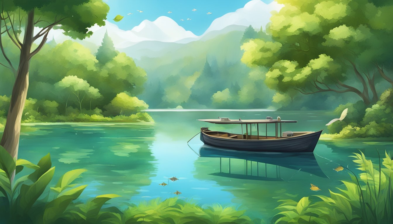 A serene lake surrounded by lush greenery, with a fishing boat in the center and various types of fish swimming in the clear water