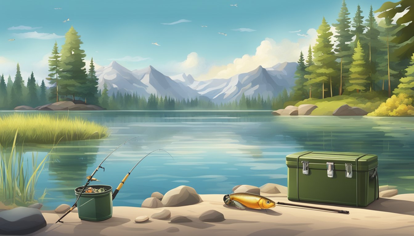 A serene lakeside with a fishing rod, tackle box, and a variety of fish swimming in the clear water