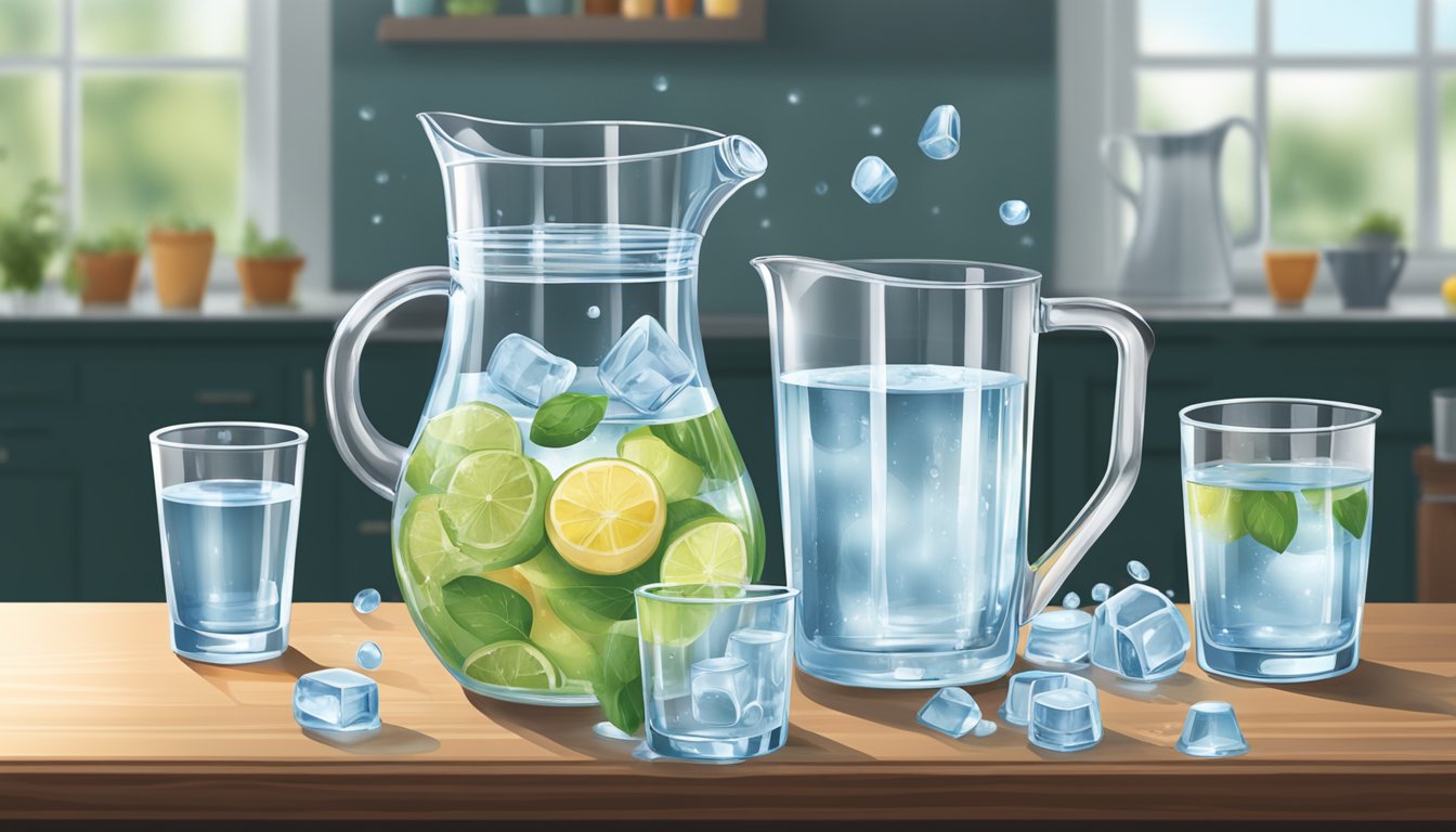 A clear glass of water overflowing onto a table, surrounded by various measuring cups and a water pitcher