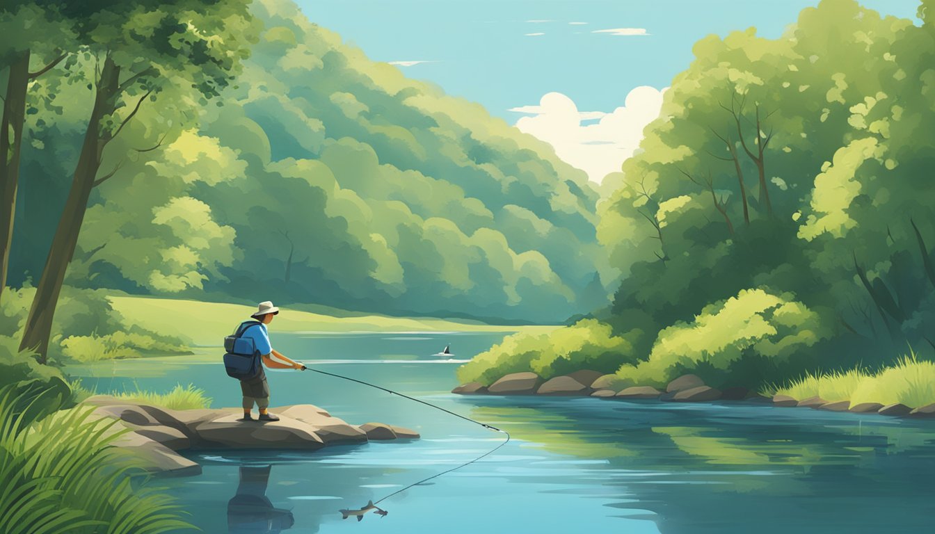 A serene river with a person fishing, surrounded by lush greenery and clear blue skies. The person holds a freshly caught fish, symbolizing the health benefits of consuming fresh fish in Connecticut