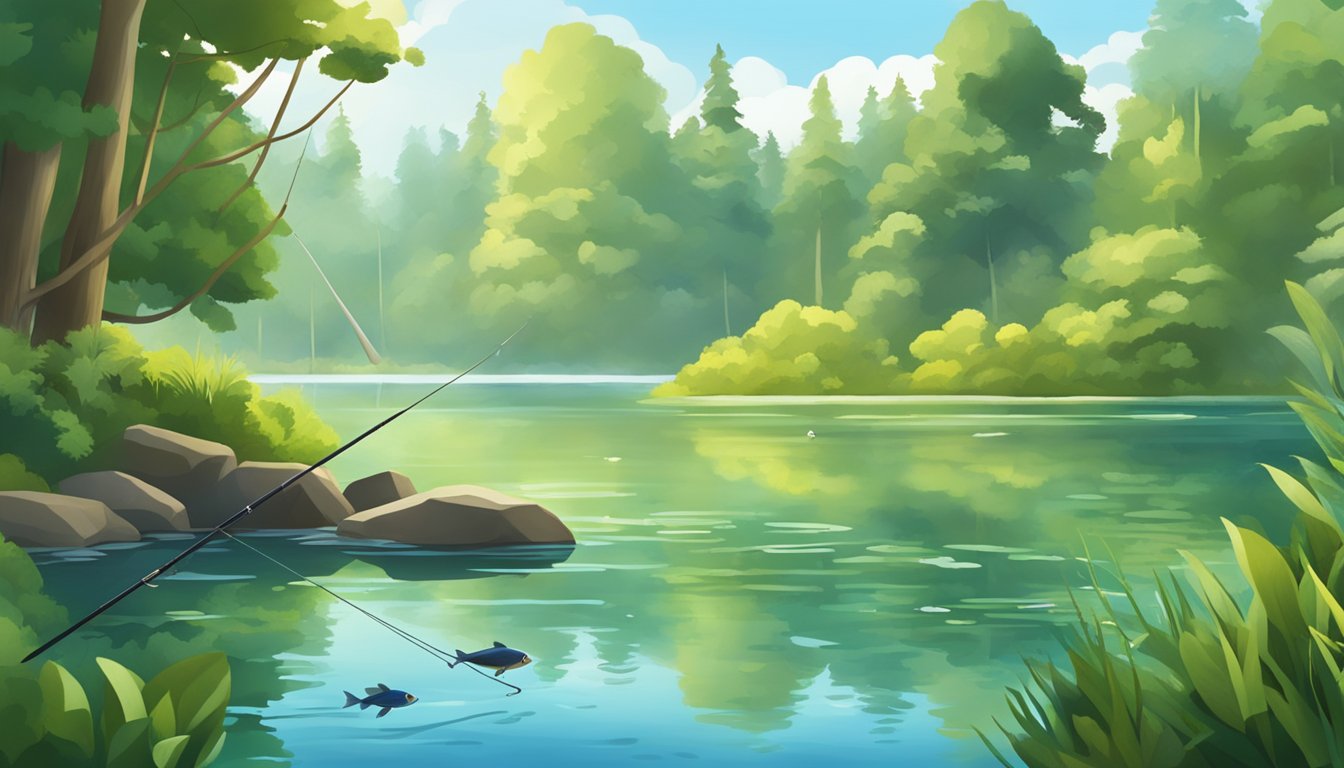 A serene lake surrounded by lush greenery, with a fishing rod and a variety of fish swimming in the clear water