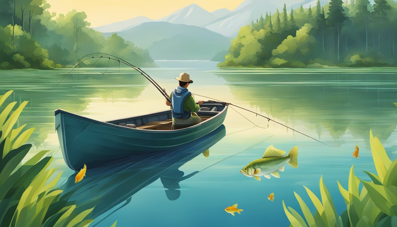 A serene lake with a fishing boat, surrounded by lush greenery and a clear blue sky. A fisherman holds up a large bass, with other fish swimming in the water