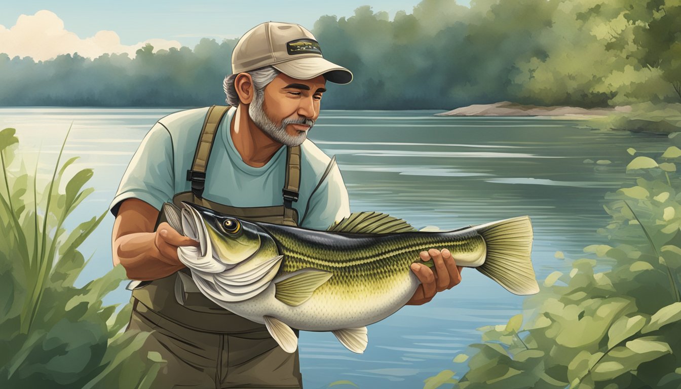 A fisherman cleaning a freshly caught bass by a peaceful Indiana lake