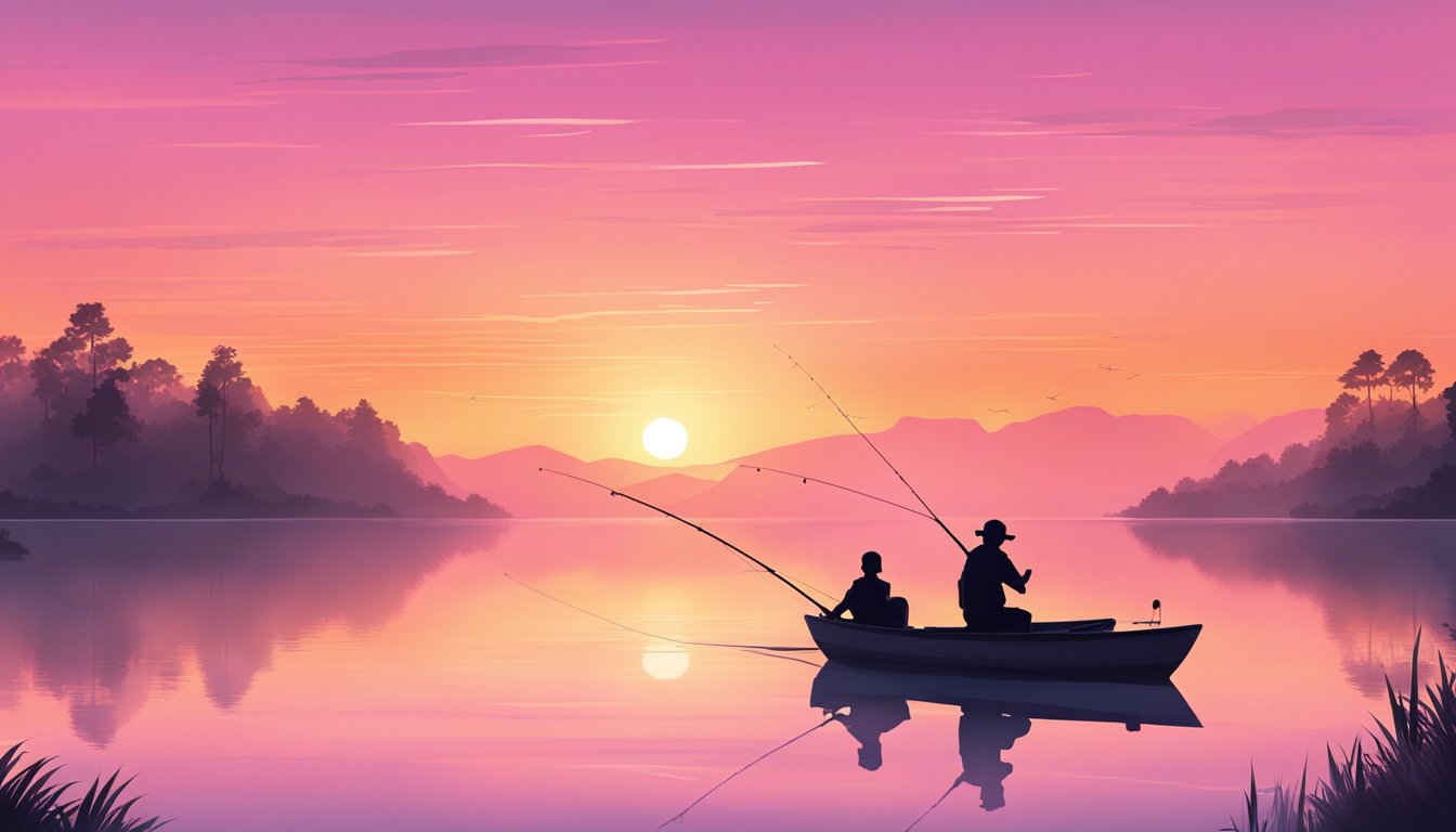 A serene lake at sunrise, surrounded by lush greenery and the silhouette of fishing rods against the pink and orange sky