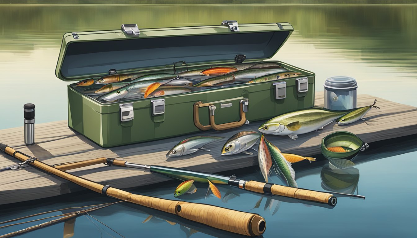 A fishing rod with a tackle box, bait, and a variety of lures laid out on a dock by a calm lake in Georgia