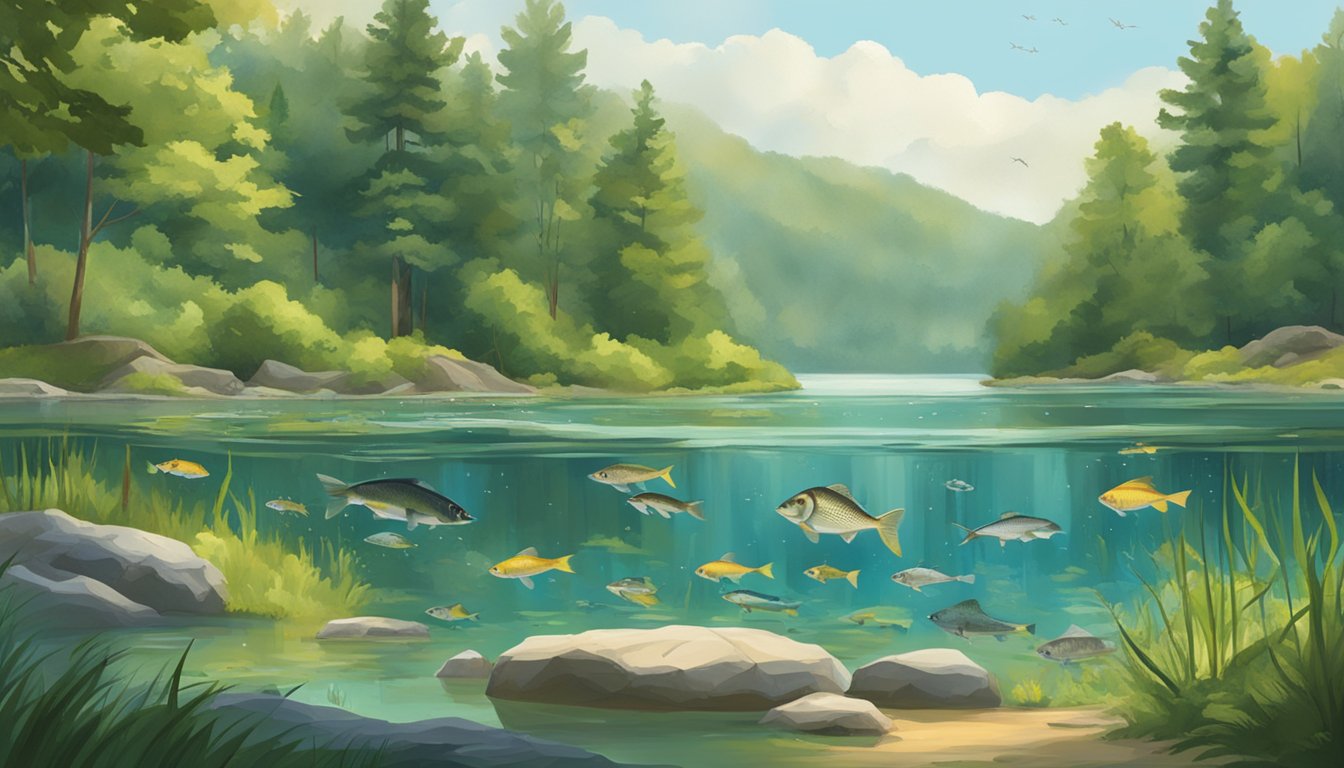 A serene lake in Georgia with various fish species swimming in clear water, surrounded by lush greenery and signs displaying local fishing regulations