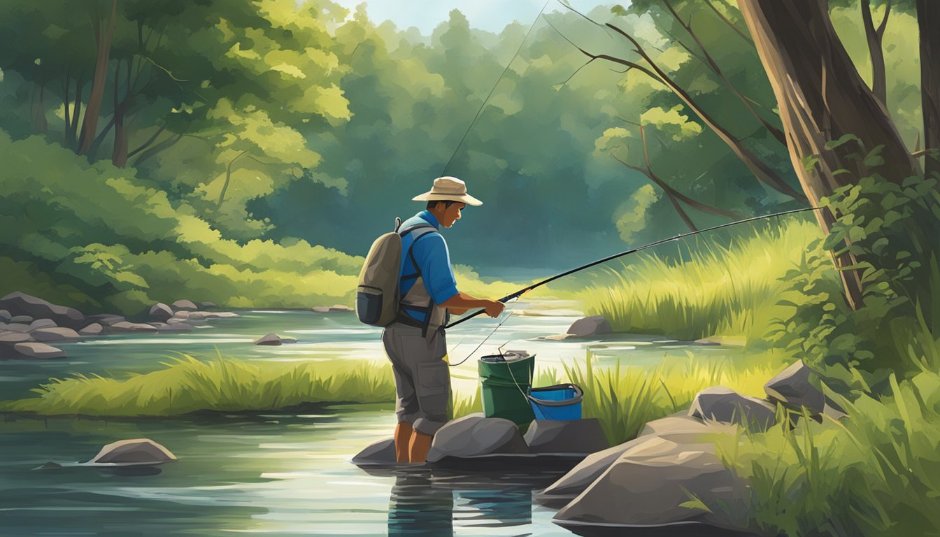 A man sets up his fishing gear on the banks of a serene Georgia river, surrounded by lush greenery and the sound of flowing water