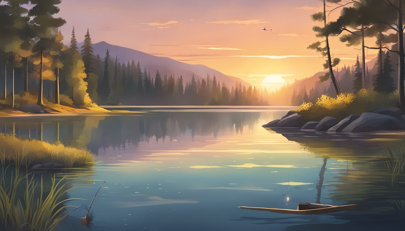 A serene lake at sunset, with a lone fishing rod casting into the water. A variety of fish species swim beneath the surface