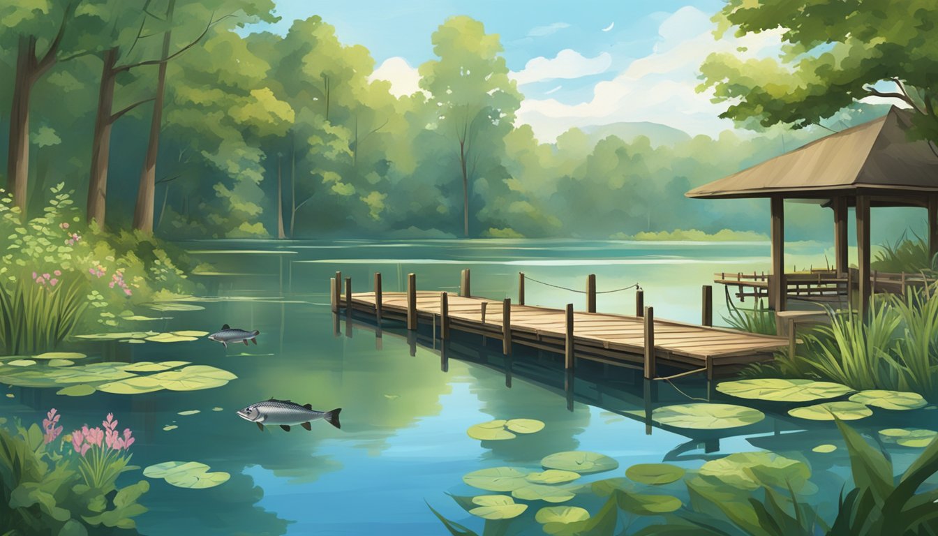 A serene lake surrounded by lush greenery, with a wooden fishing pier extending into the water. A variety of fish, including bass, catfish, and crappie, can be seen swimming in the clear blue water