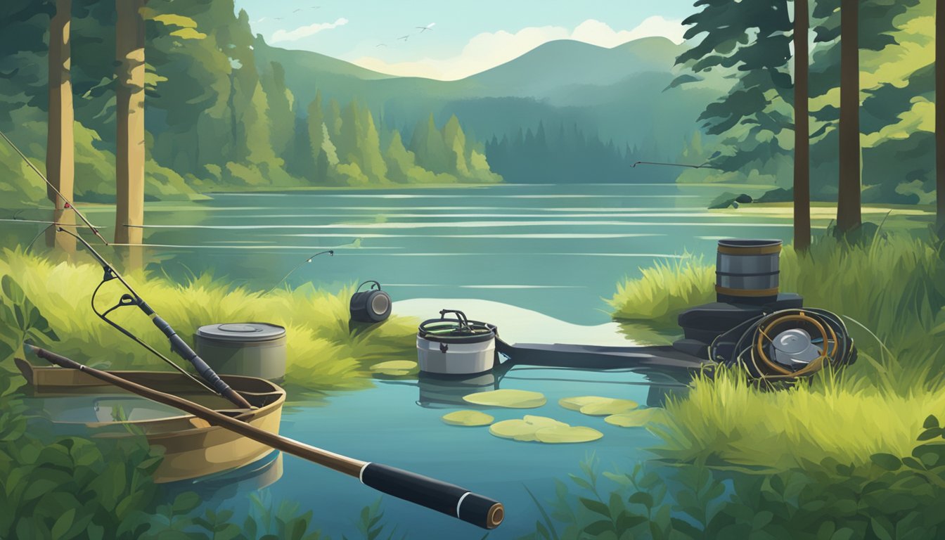 A serene lake surrounded by lush greenery, with a fishing rod and various types of fishing gear laid out on the shore