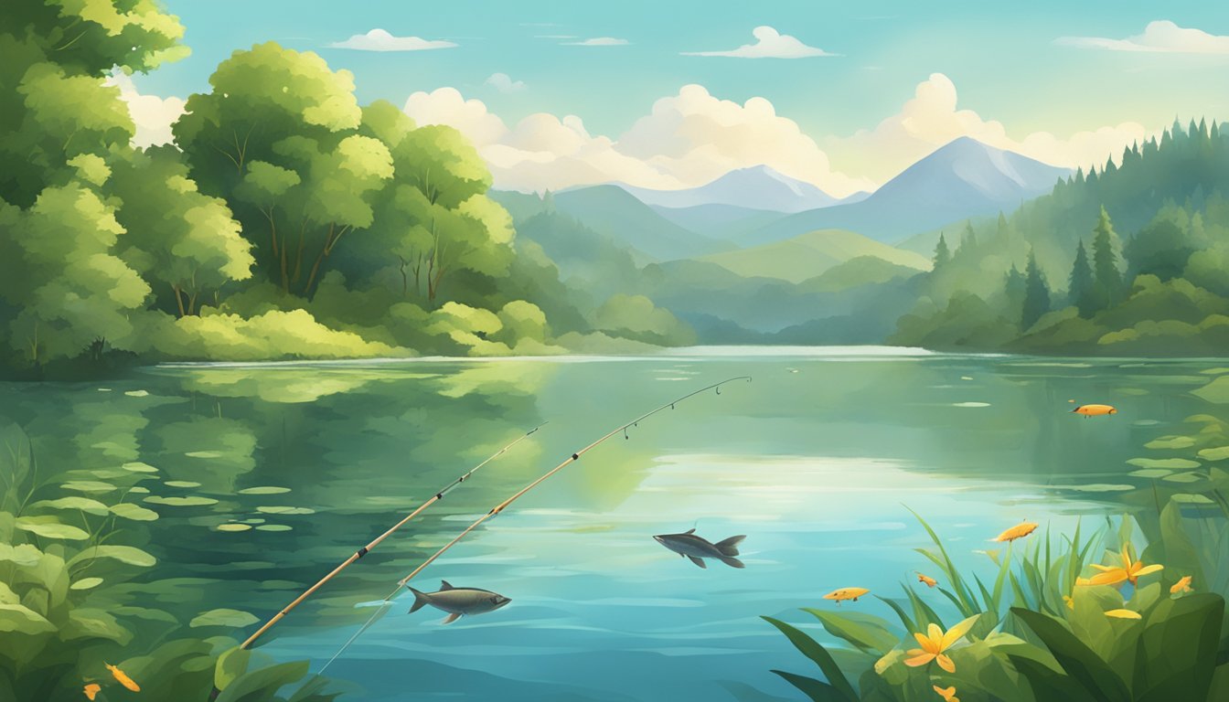 A serene lake surrounded by lush greenery, with a fishing rod casting into the water and a variety of fish swimming beneath the surface