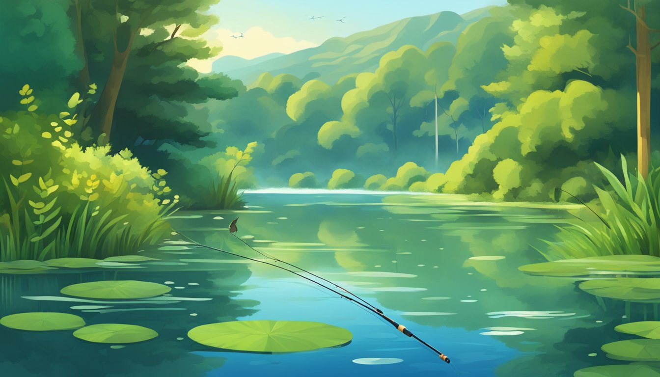 A serene lake surrounded by lush greenery, with a fishing rod cast into the water and a variety of popular fish swimming beneath the surface