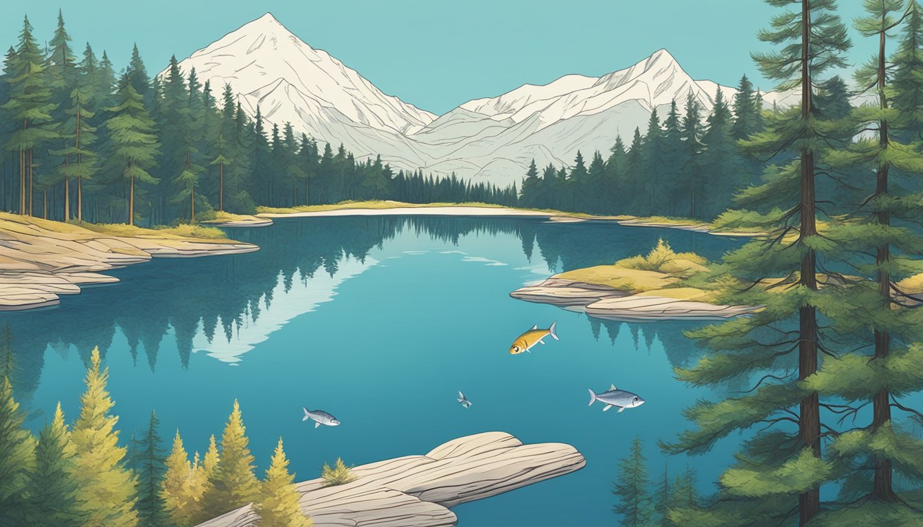 A serene mountain lake with a clear blue sky, surrounded by pine trees and with a lone fish jumping out of the water