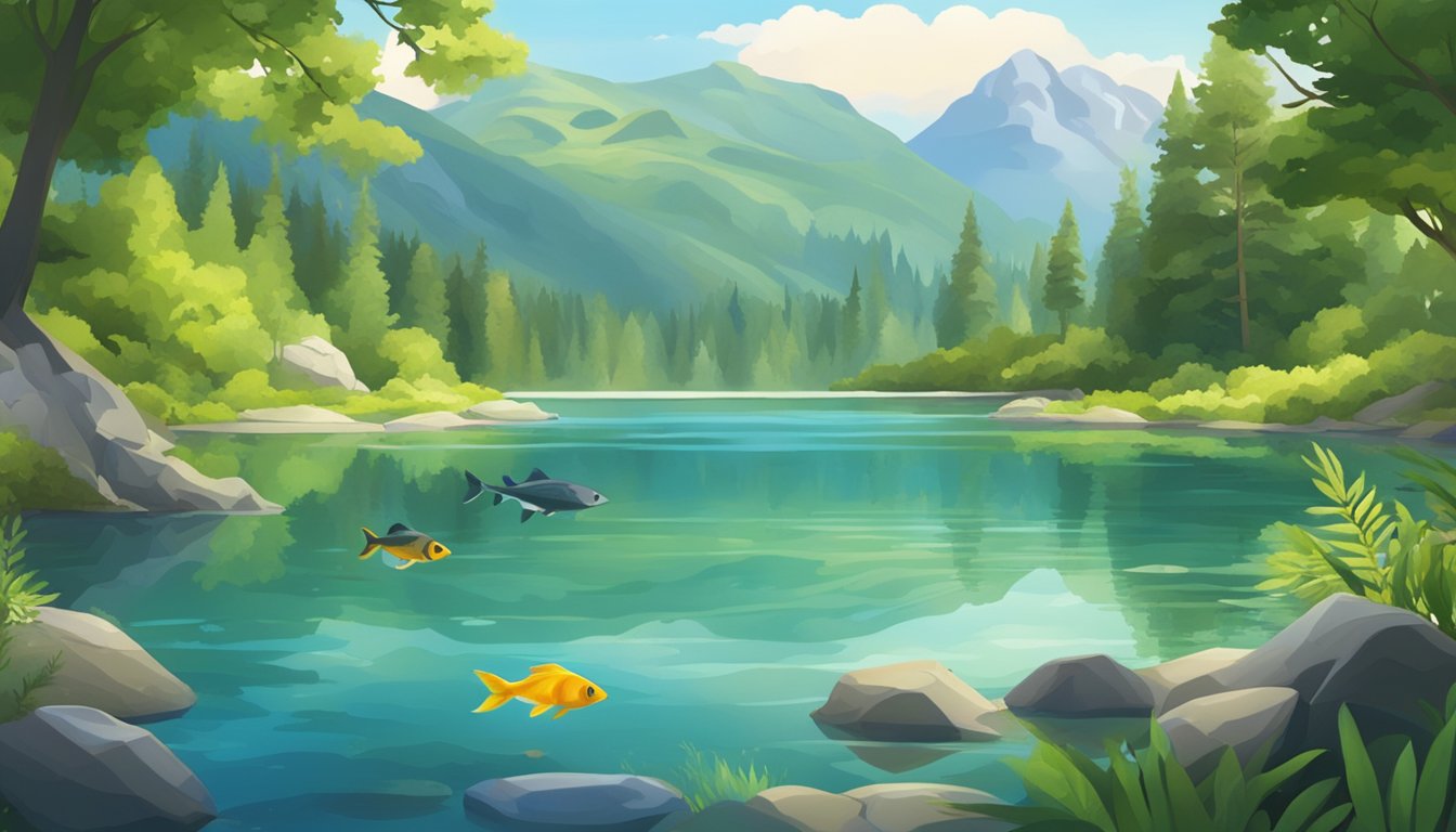 A serene mountain lake with various fish species swimming in clear water, surrounded by lush greenery and rocky terrain