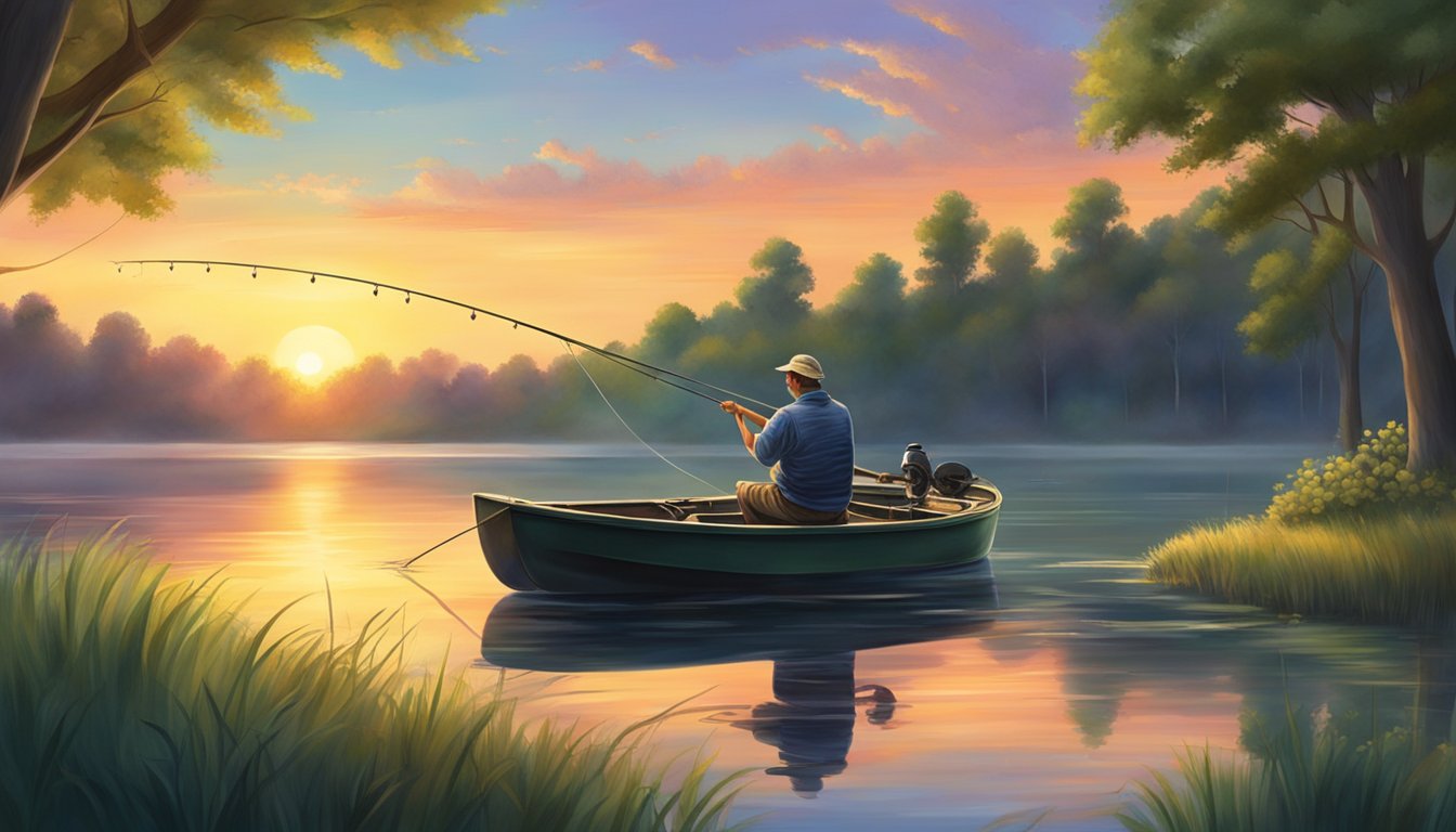 A serene lake with a vibrant sunset, surrounded by lush greenery, as a fisherman reels in a large bass from the calm waters