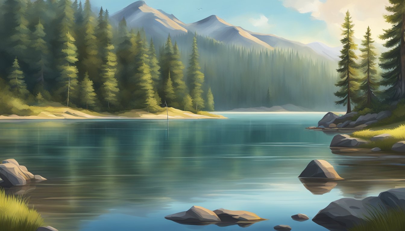 A serene mountain lake with clear water and a backdrop of pine trees, with a fishing rod casting into the water