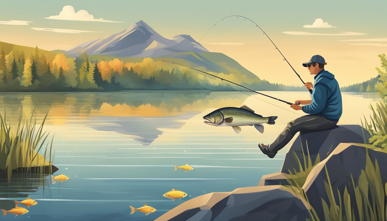 A person fishing on a peaceful lake, with a fishing rod and a big catch of freshwater fish in Illinois