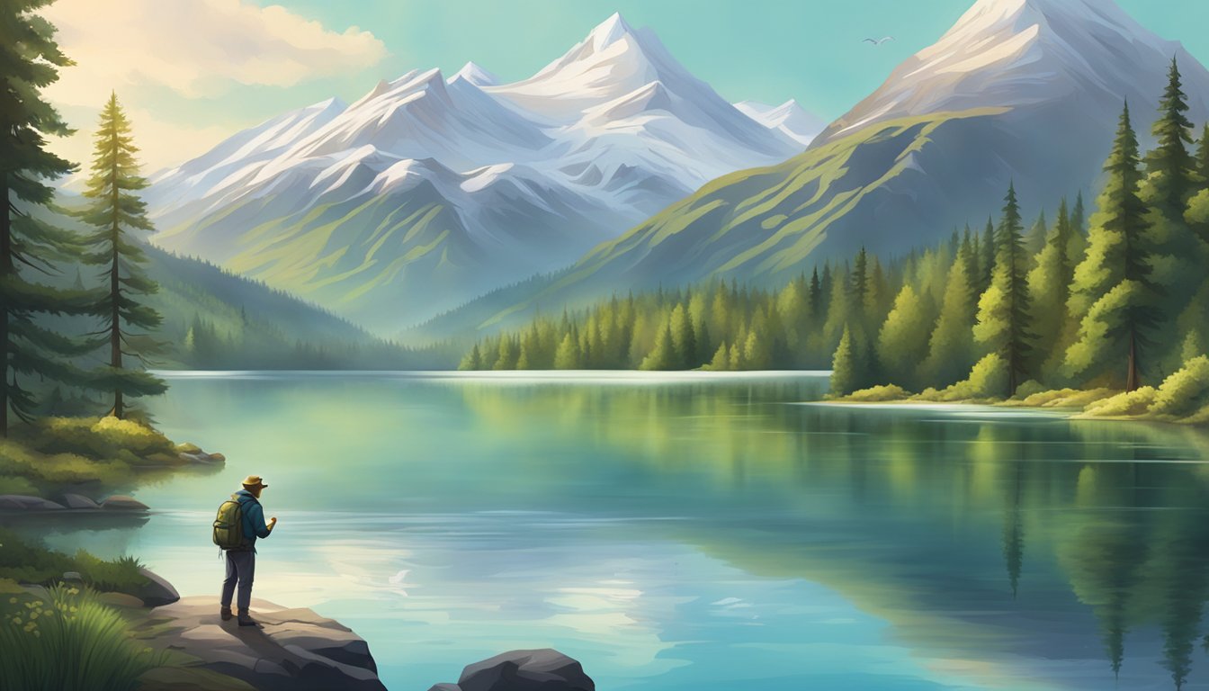 A serene mountain lake with a lone fisherman casting a line into the clear water, surrounded by lush greenery and snow-capped peaks in the distance