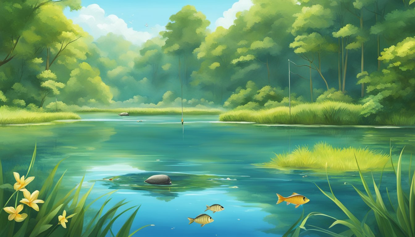 A serene lake with a fishing rod and a variety of fish swimming beneath the surface, surrounded by lush green trees and a clear blue sky