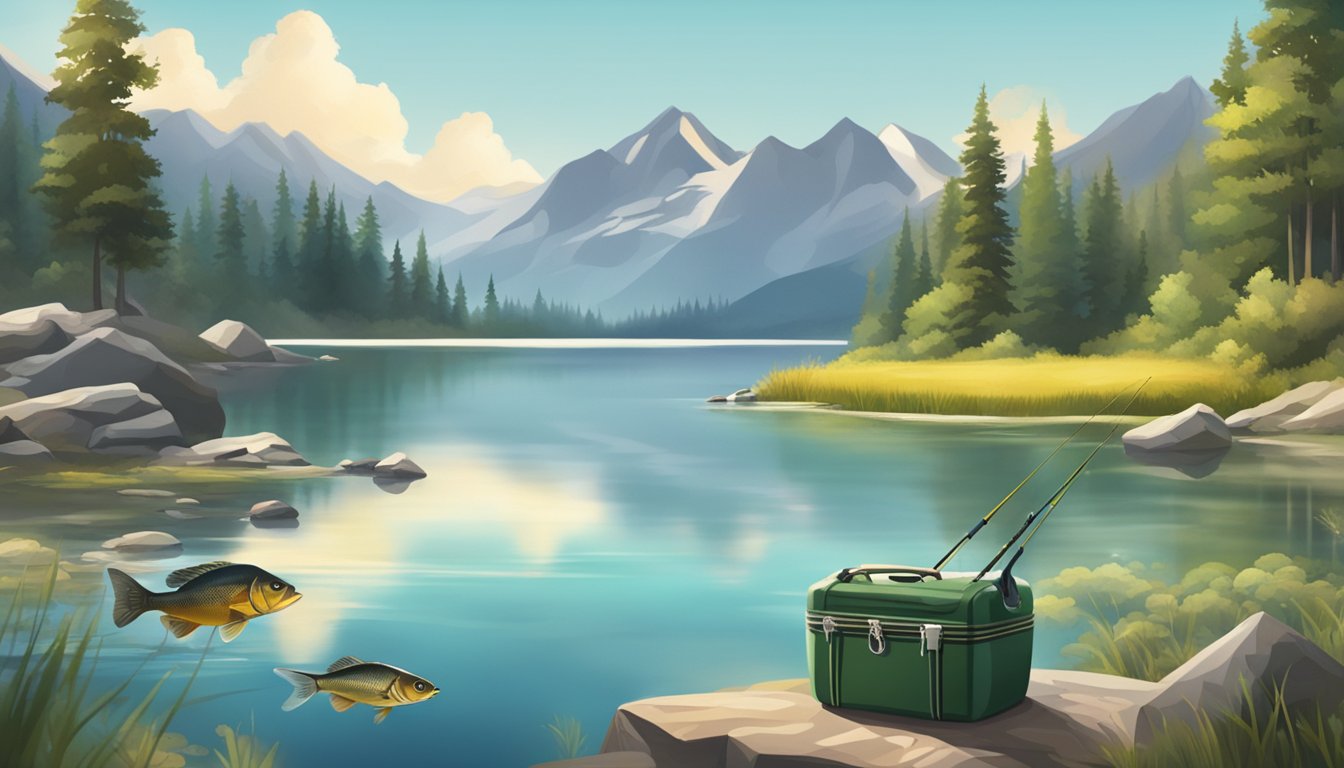 A serene lake surrounded by mountains, with a fishing rod and tackle box nearby, and a variety of fish swimming in the clear water