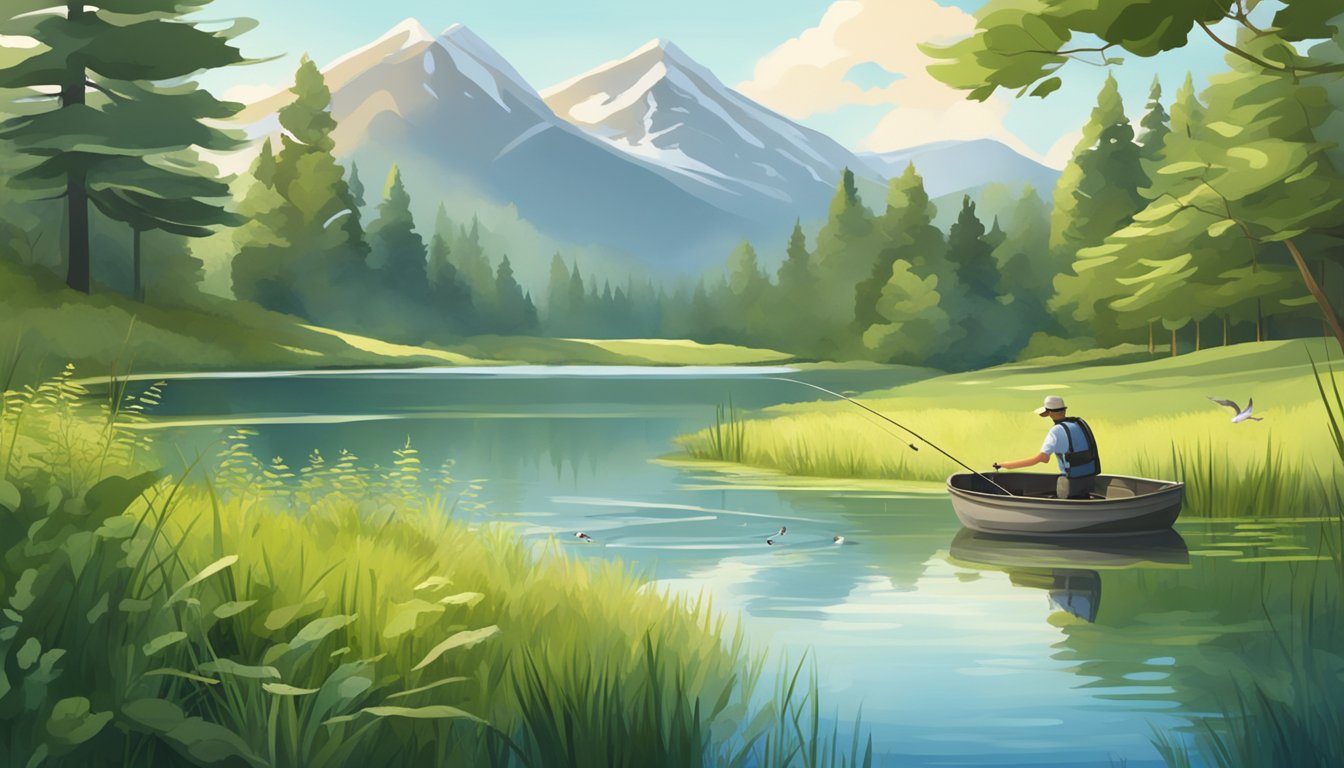 A serene lake surrounded by lush greenery, with a fishing rod and a freshly caught trout lying on the grass