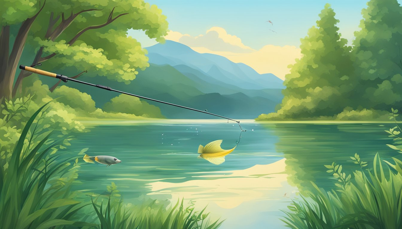 A serene lake surrounded by lush greenery, with a fishing rod and a fish jumping out of the water