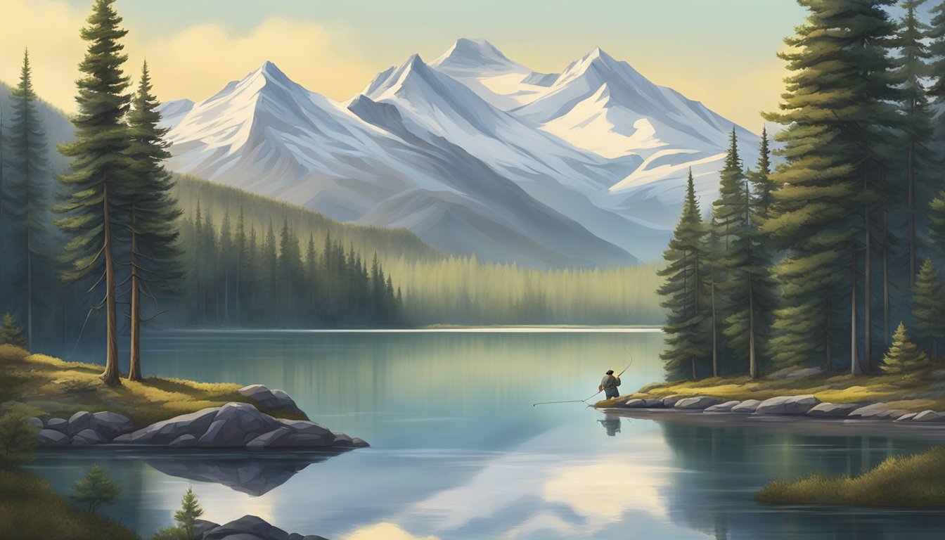 A serene mountain lake with a lone fisherman casting a line, surrounded by pine trees and snow-capped peaks in the distance