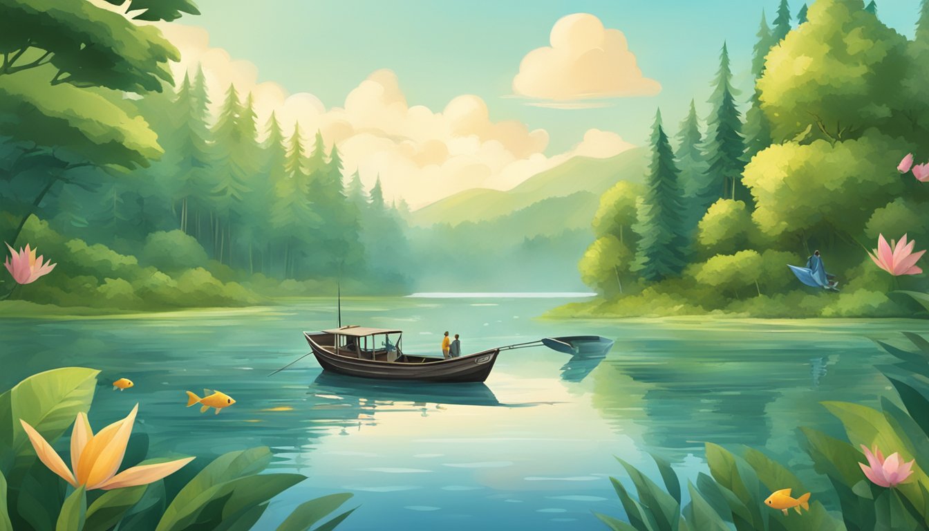 A serene lake surrounded by lush greenery, with a fishing boat and a variety of fish jumping out of the water