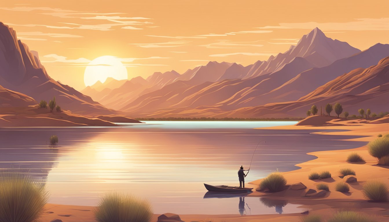 A serene lake surrounded by desert landscape, with a lone fisherman casting a line into the water. The sun sets behind the mountains, casting a warm glow over the scene