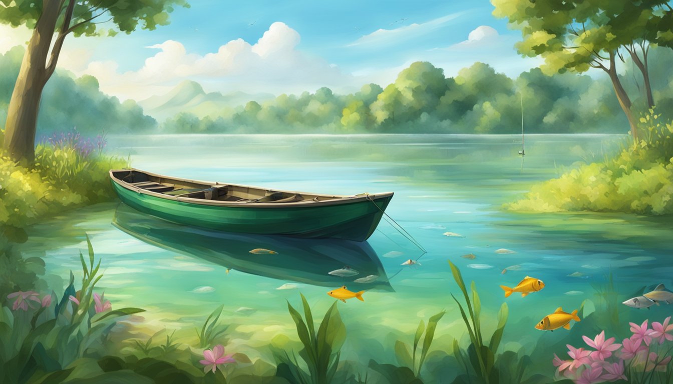 A serene lake with a lush, green shoreline, a fishing boat, and a variety of freshwater fish swimming in the clear water