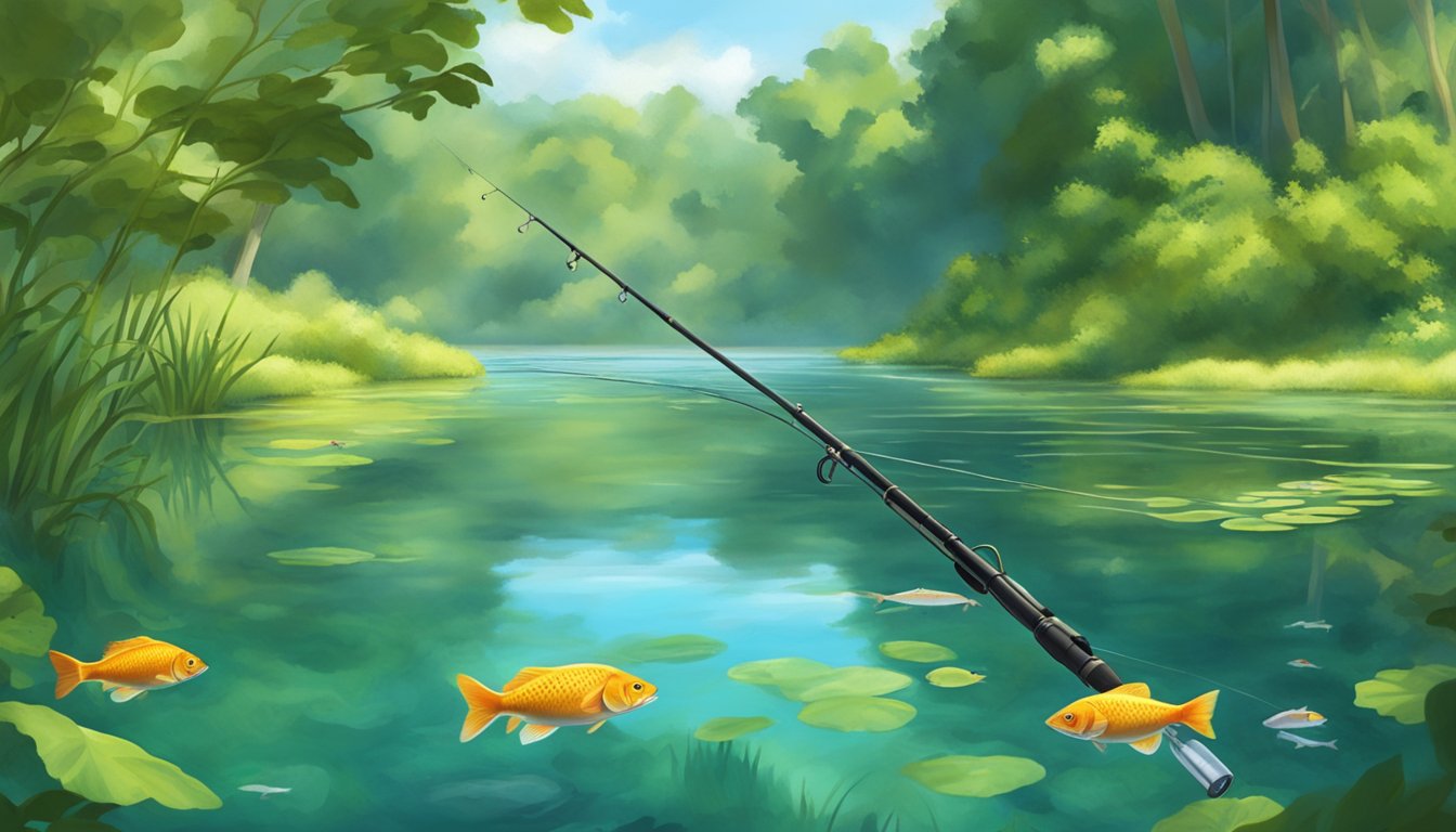 A serene lake in Kansas with a fishing rod casting into the water, surrounded by lush greenery and a variety of fish swimming beneath the surface