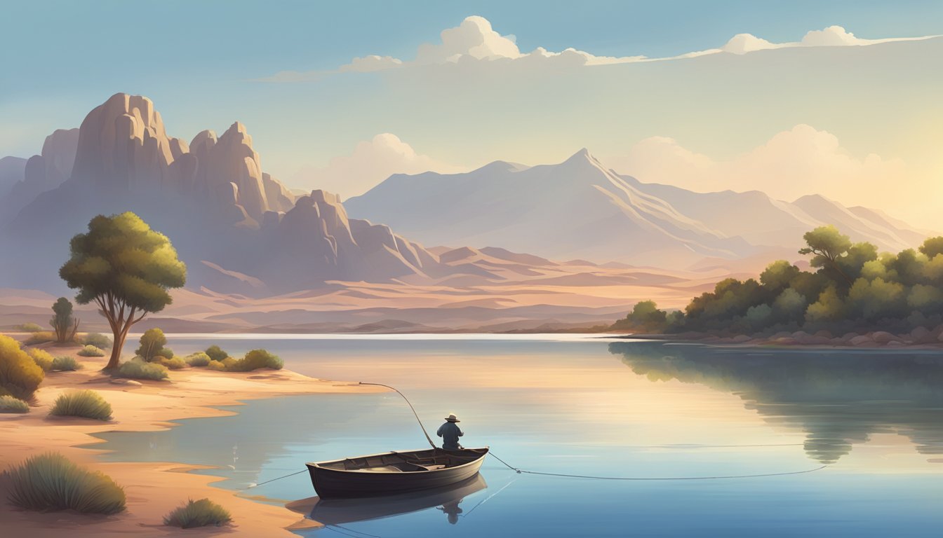 A serene lake surrounded by desert landscape, with a lone fishing boat on the water and a fisherman casting his line