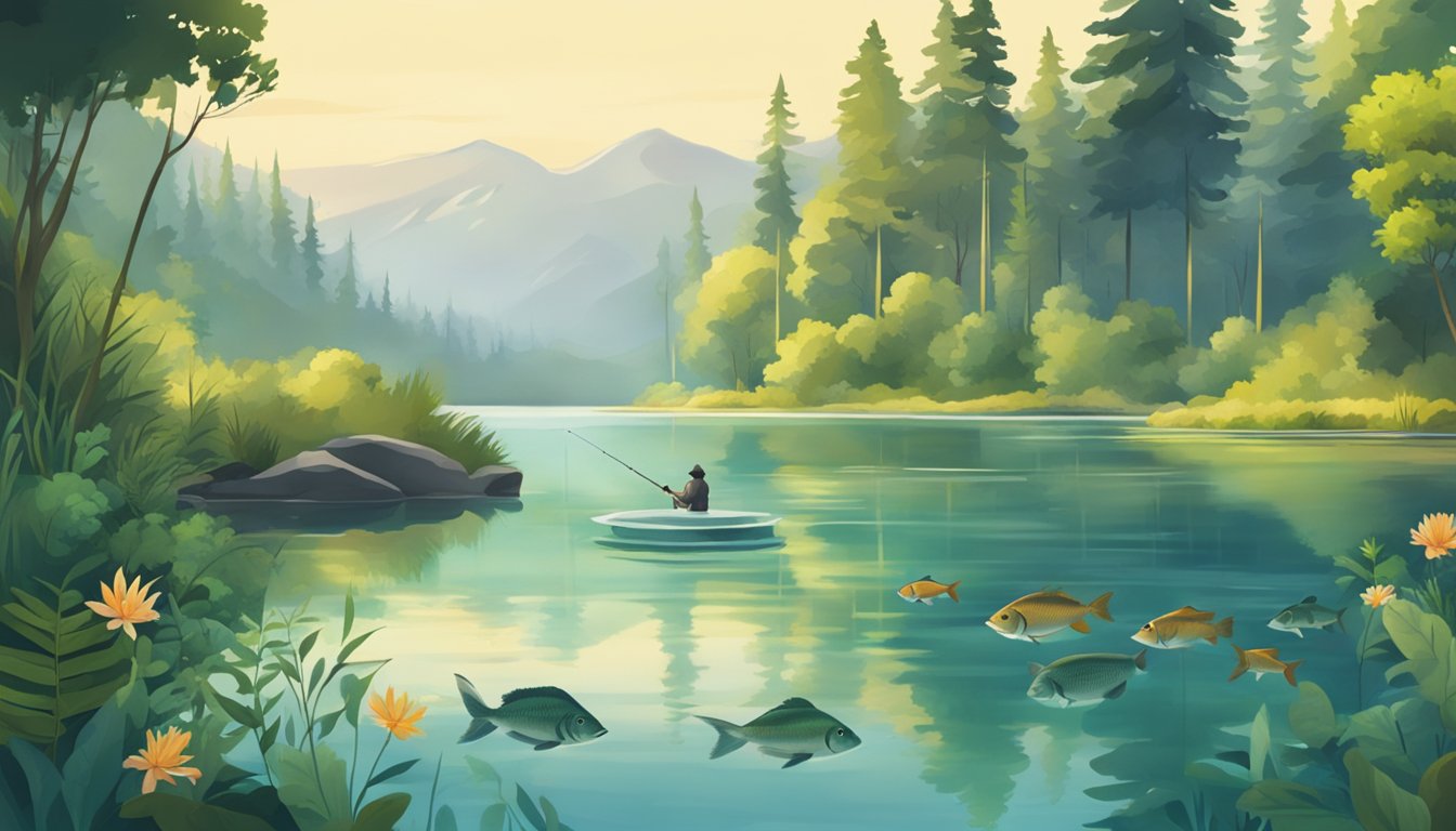 A serene lake surrounded by lush greenery, with a fishing rod casting into the water and a variety of fish swimming beneath the surface