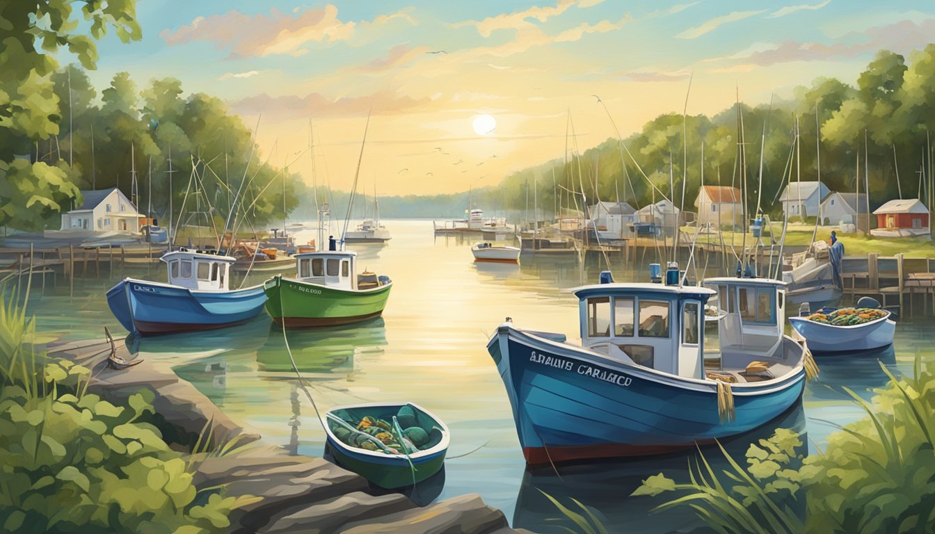 A serene Maryland bay with colorful fishing boats and nets, surrounded by lush greenery and filled with the freshest catch of blue crabs and striped bass