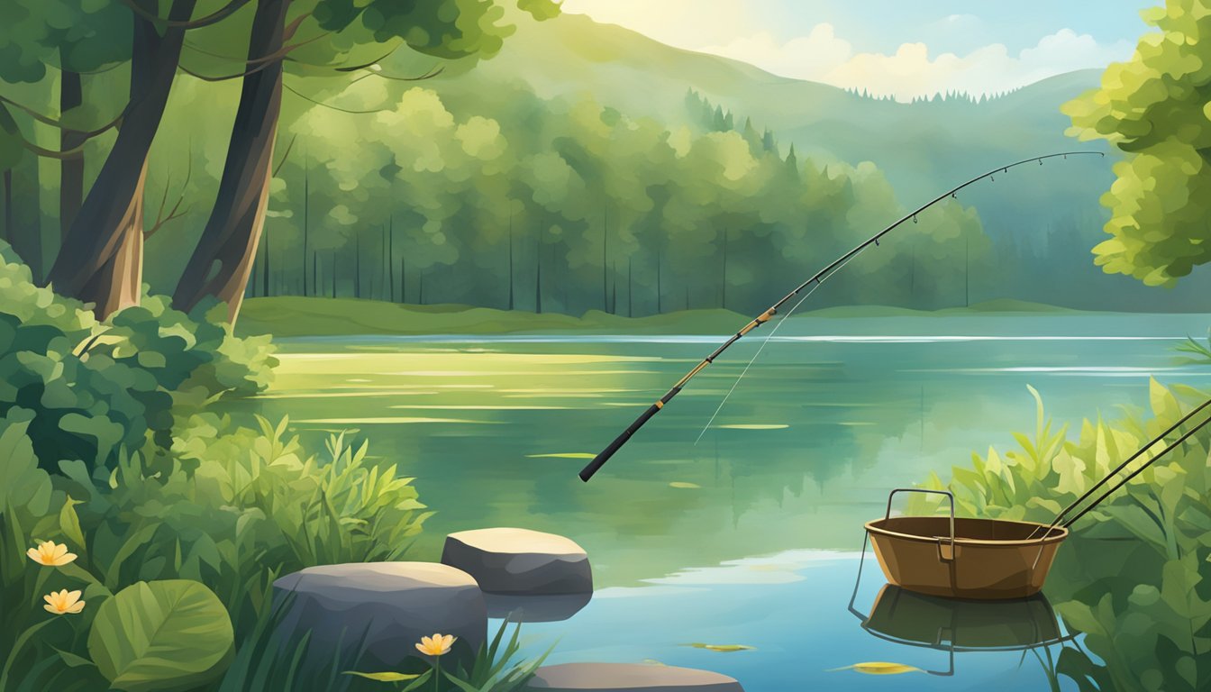 A serene lake surrounded by lush greenery, with a fishing rod and a bucket of freshly caught fish