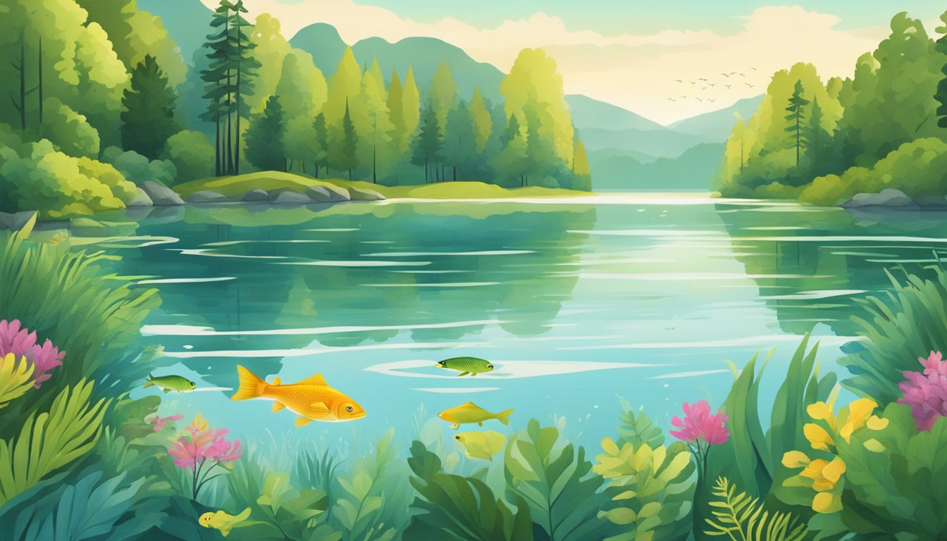 A serene lake surrounded by lush forests, with a variety of fish jumping out of the water