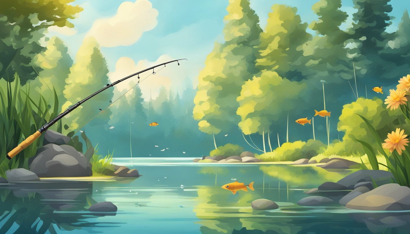 A serene lake with a fishing rod and a variety of freshwater fish swimming in the clear water