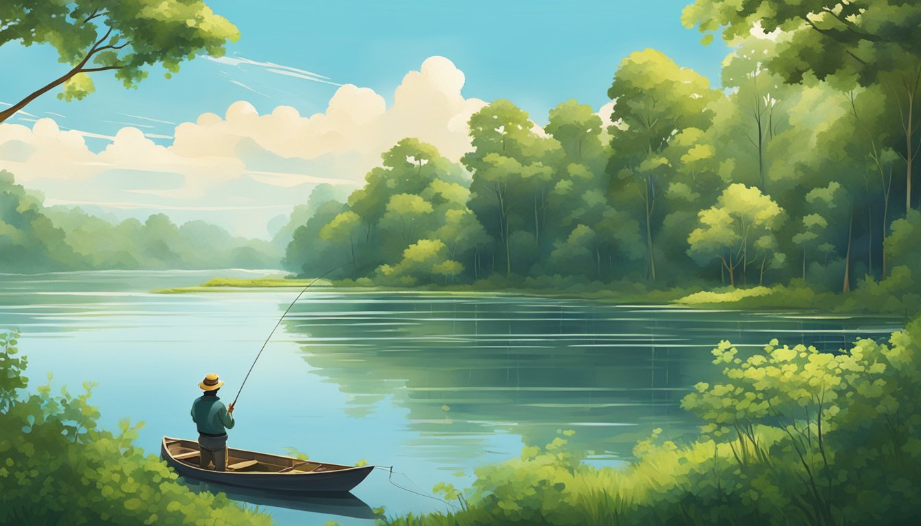 A serene lake with a fisherman casting a line, surrounded by lush green trees and a clear blue sky overhead