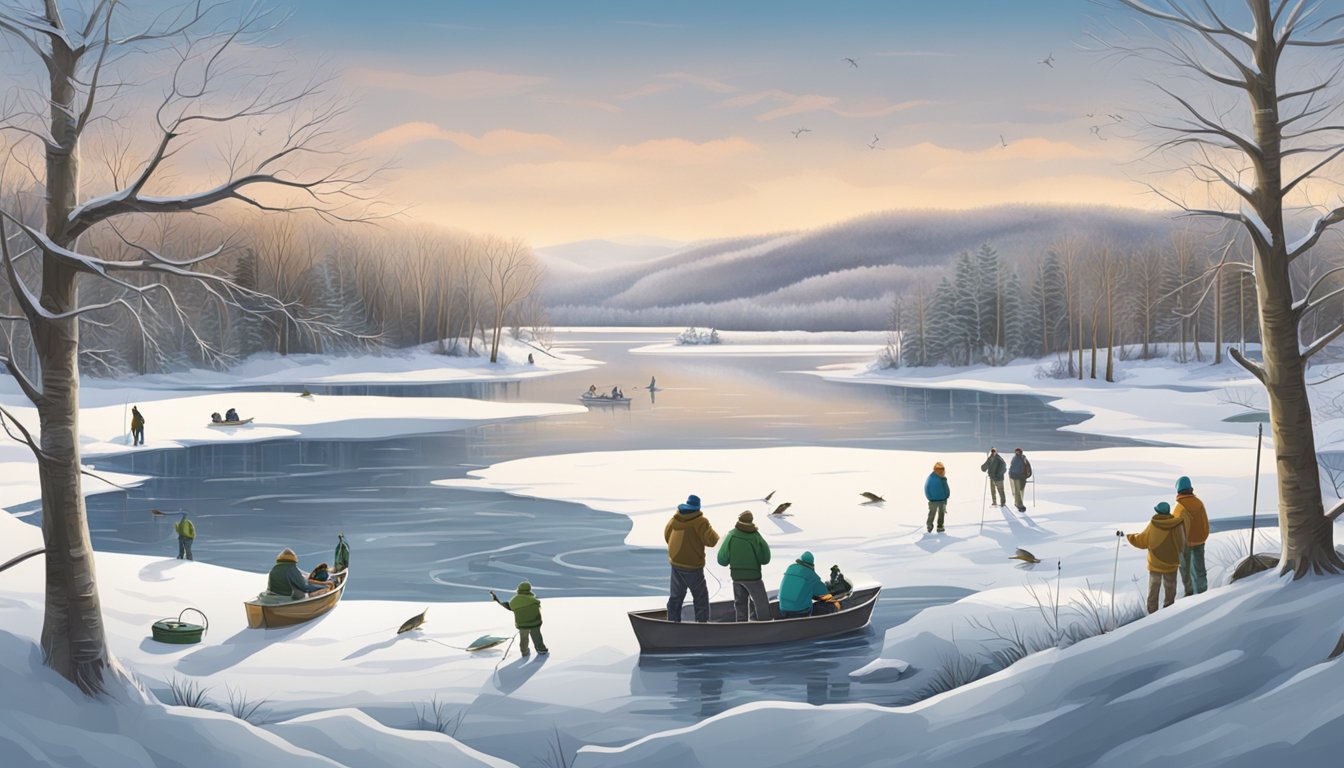 A serene frozen lake with ice fishers and a nearby open river with anglers catching trout and bass in New Jersey