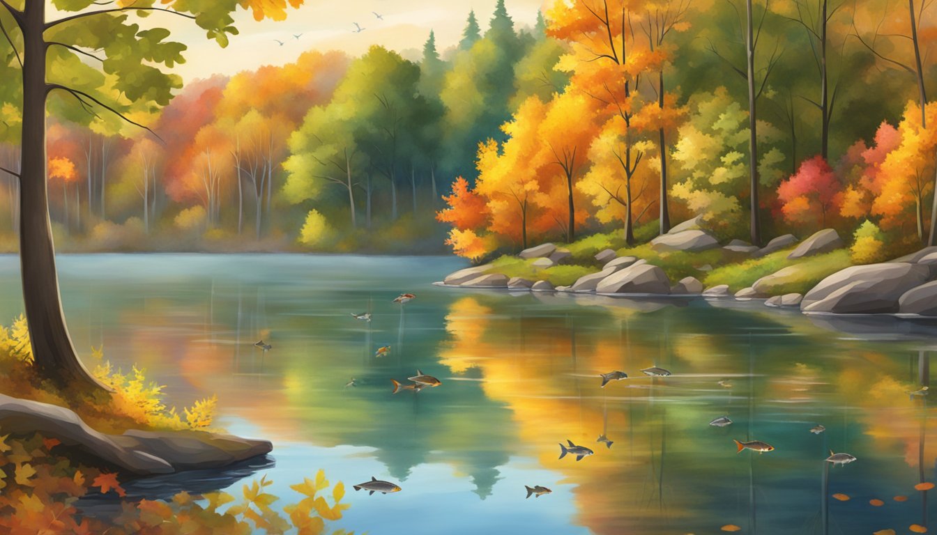 A serene Minnesota lake with a variety of fish swimming in clear water, surrounded by lush green trees and colorful fall foliage